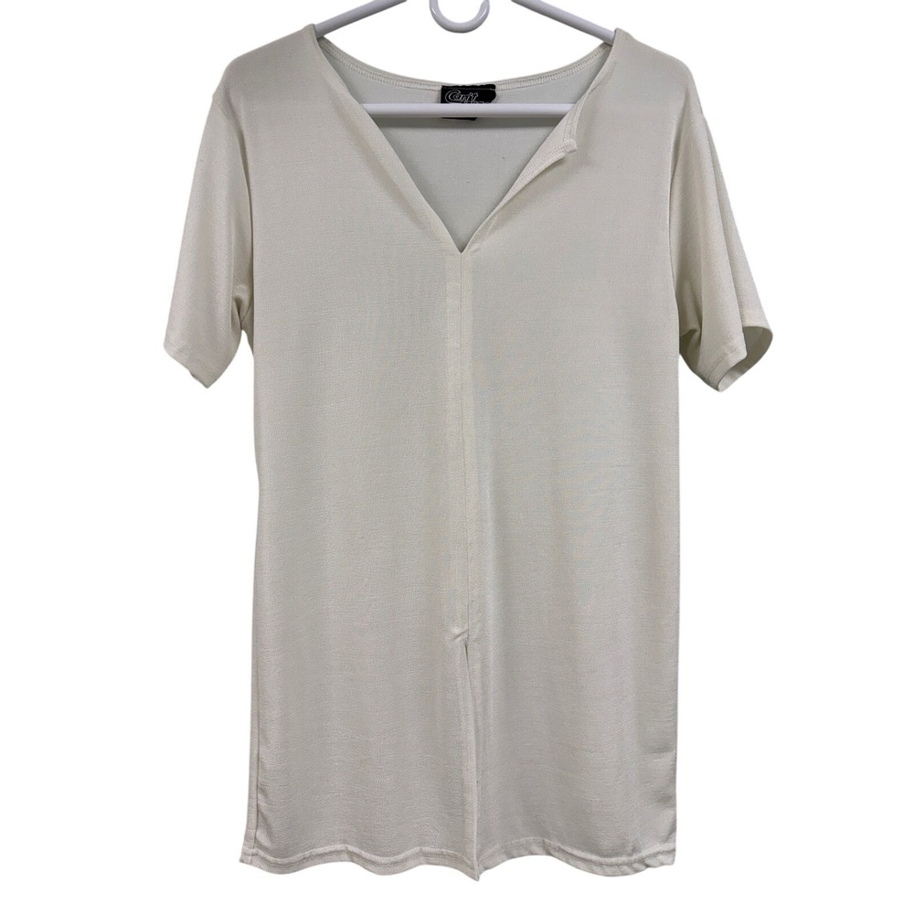 Cream V Neck Short Sleeve Top Soft Stretch Minimalist Basic